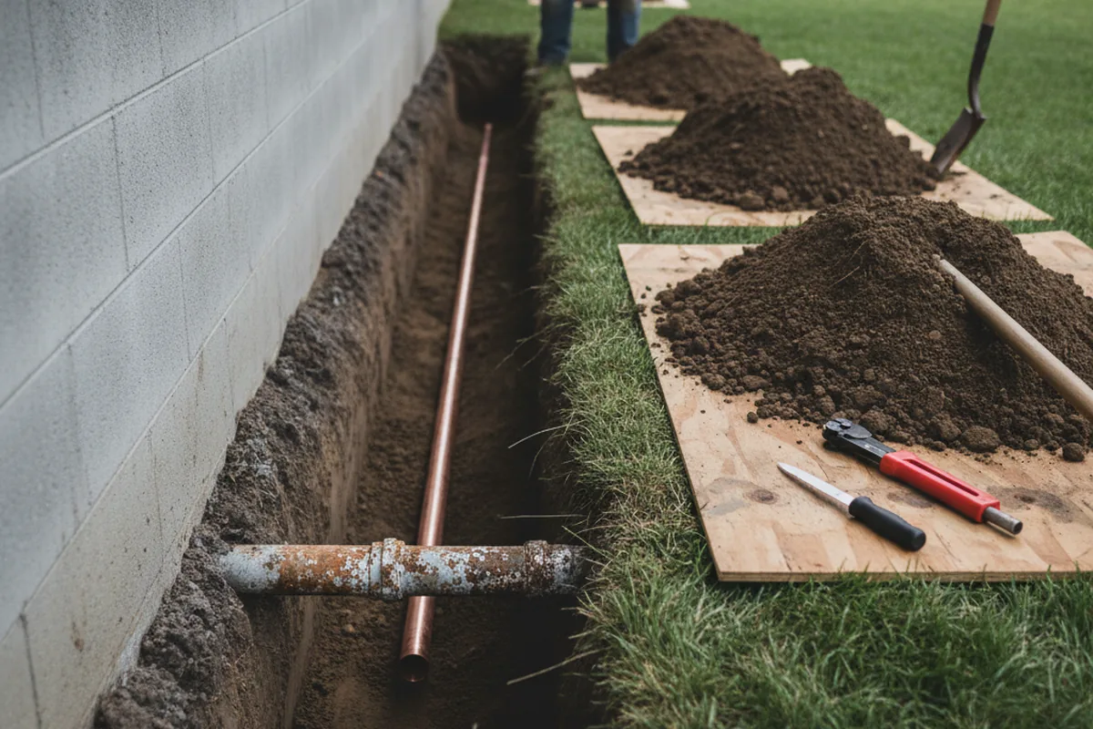 Excavated water line trench during Water Softener Installation in Elliston